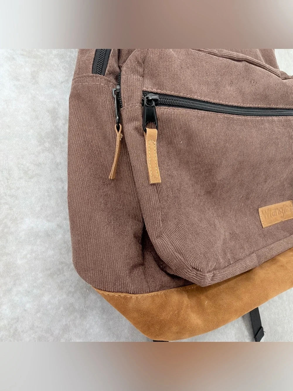 Wrangler Brown and Black Canvas Backpack with Tan Suede Base